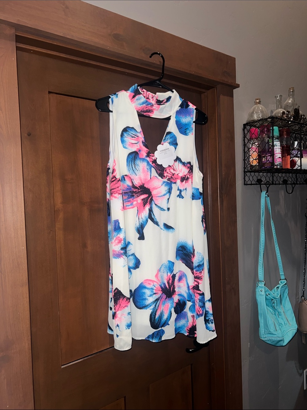 Hope’s Slip Into Love Keyhole Neck Dress- White w/ Blue/Pink Floral Print